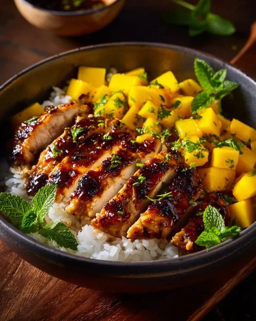 Delicious mango glazed chicken with Asian flavors on a plate