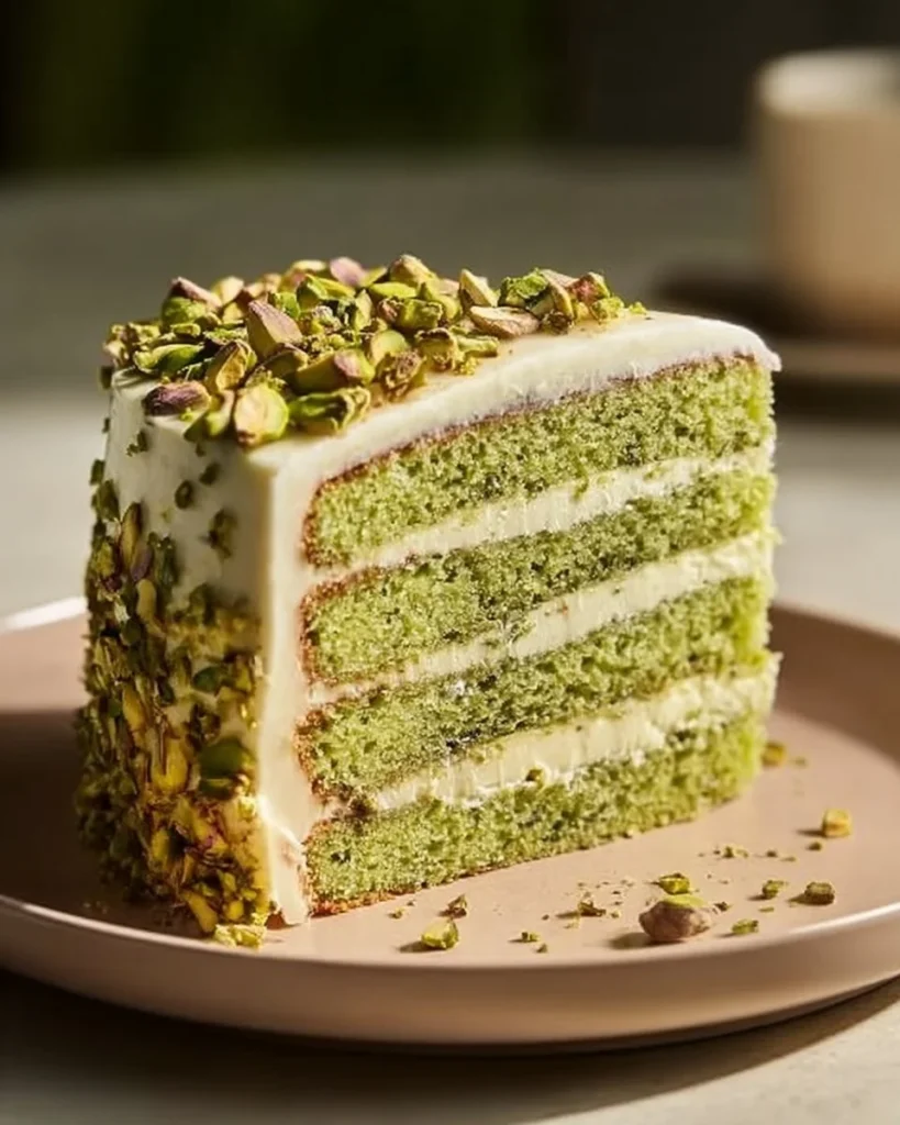 Delicious White Chocolate Pistachio Cake topped with white chocolate and pistachio nuts.