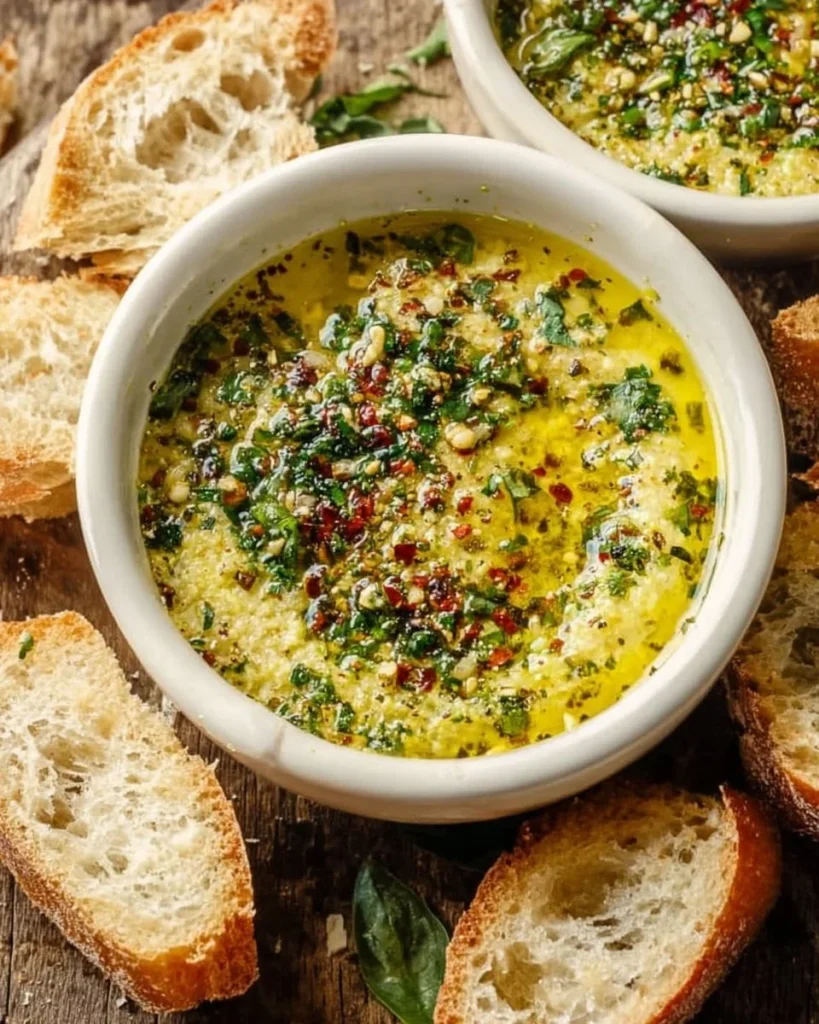 Quick and easy garlic olive oil dip served with fresh bread and herbs