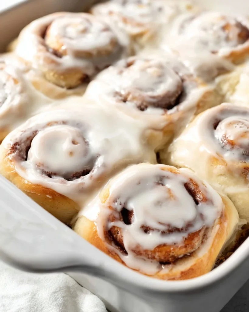 Delicious homemade cinnamon rolls topped with creamy glaze and cinnamon sugar