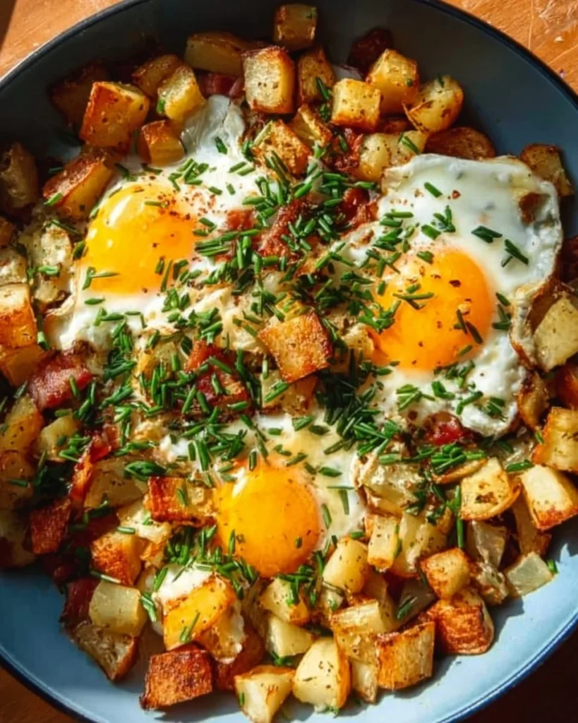 Delicious and colorful breakfast hash with vegetables and eggs
