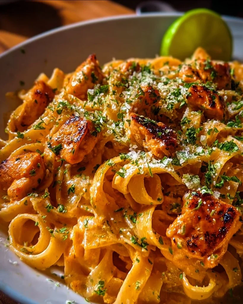 Creamy butter chicken pasta with a cowboy twist in a delicious bowl.