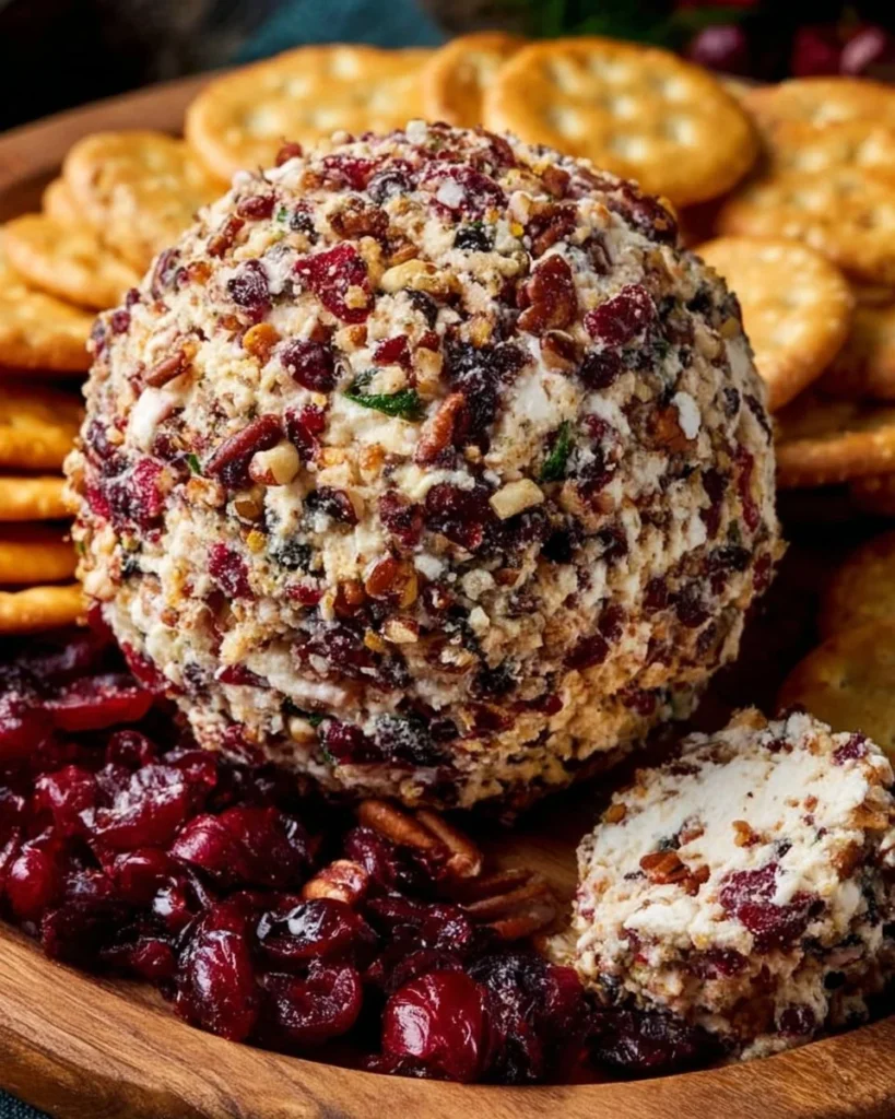 Cranberry pecan cheese ball topped with nuts and served with crackers