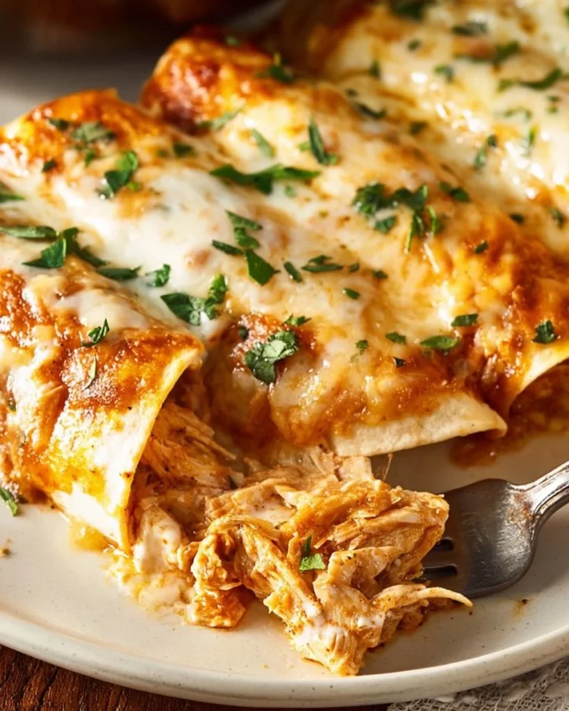 Delicious creamy chicken enchiladas topped with cheese and garnished with cilantro.