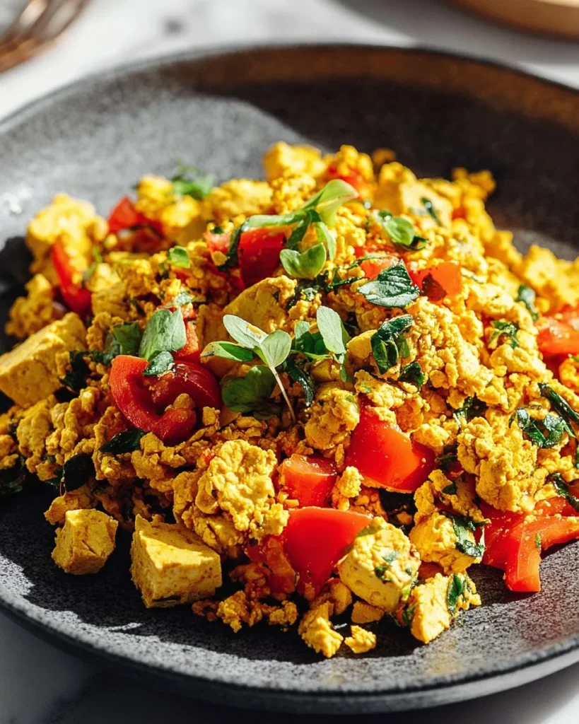 Healthy vegan tofu scramble recipe in a bowl with colorful vegetables