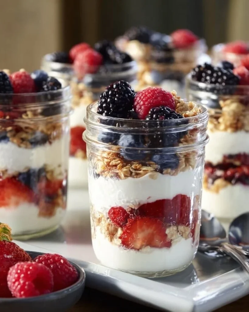 Delicious fruit yogurt parfaits layered with fresh fruits and creamy yogurt.