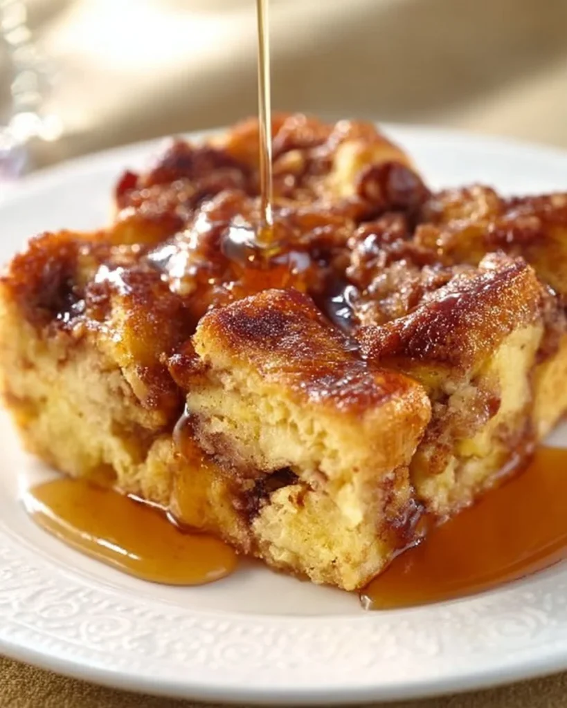 Easy French Toast Casserole baked dish ready to serve with syrup