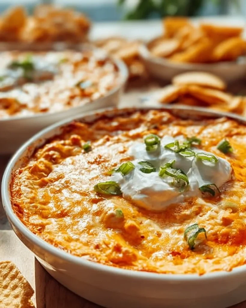 Creamy Frank’s RedHot Buffalo Chicken Dip served in a bowl with tortilla chips