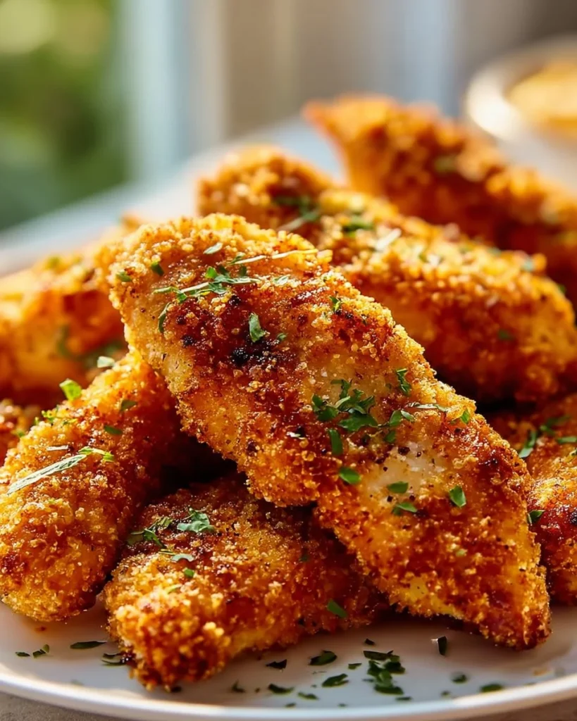 Homemade baked chicken tenders served with dipping sauce on a plate