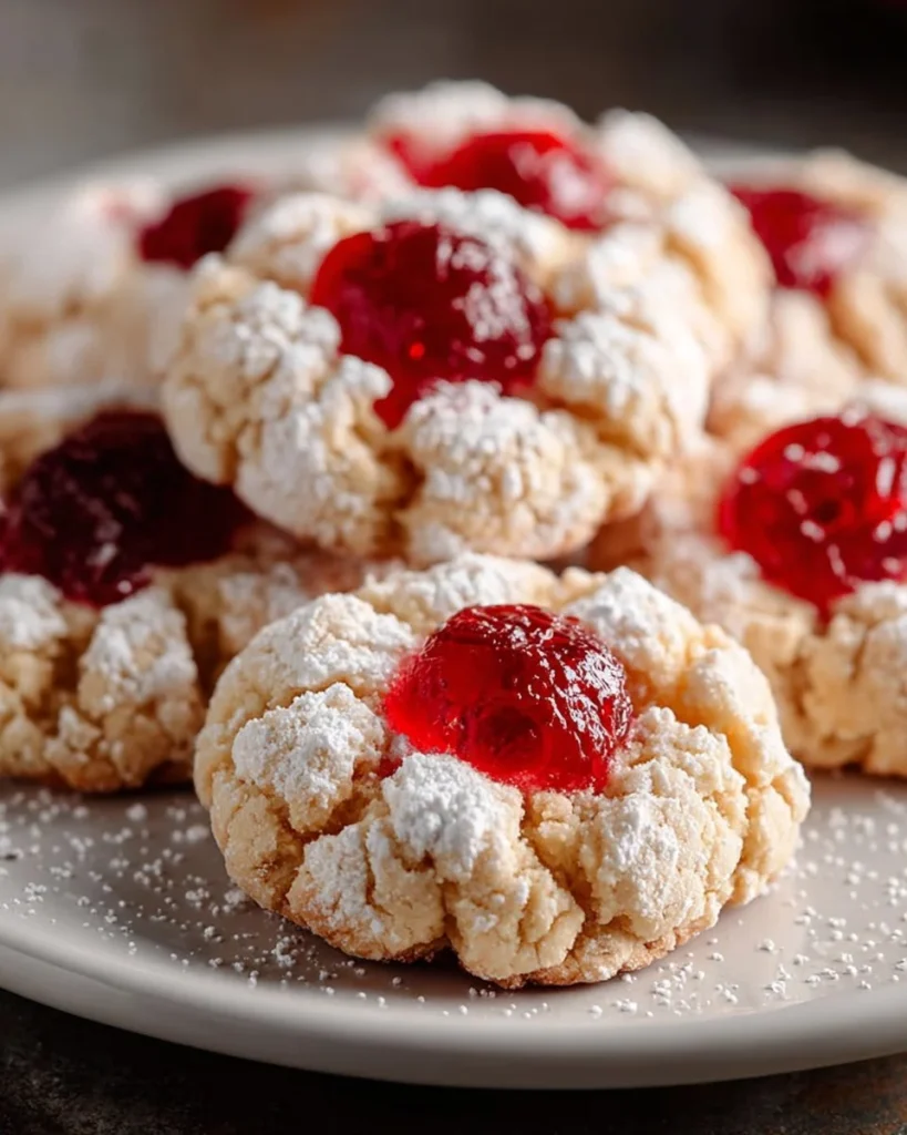 Delicious maraschino cherry sugar cookies on a plate with a cherry on top.