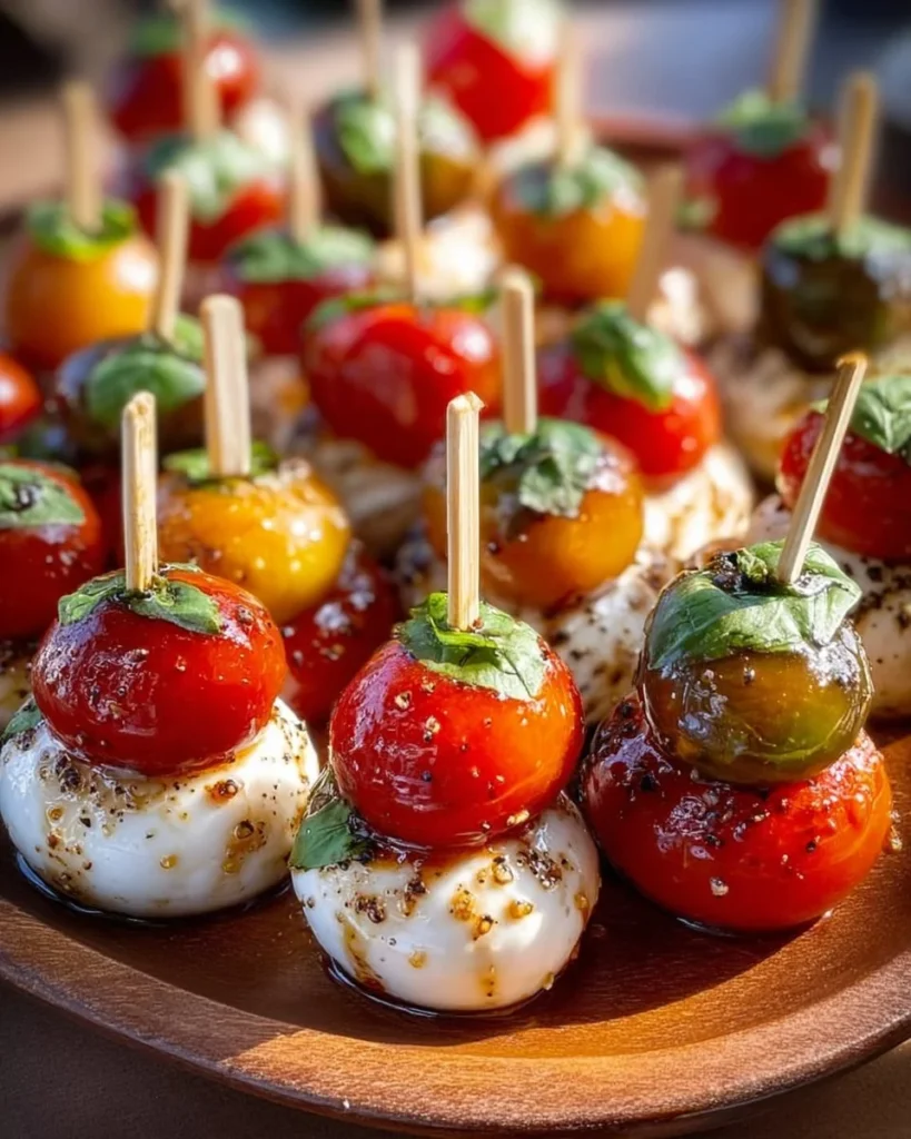Delicious mini Caprese bites with cherry tomatoes, mozzarella, and basil skewers.