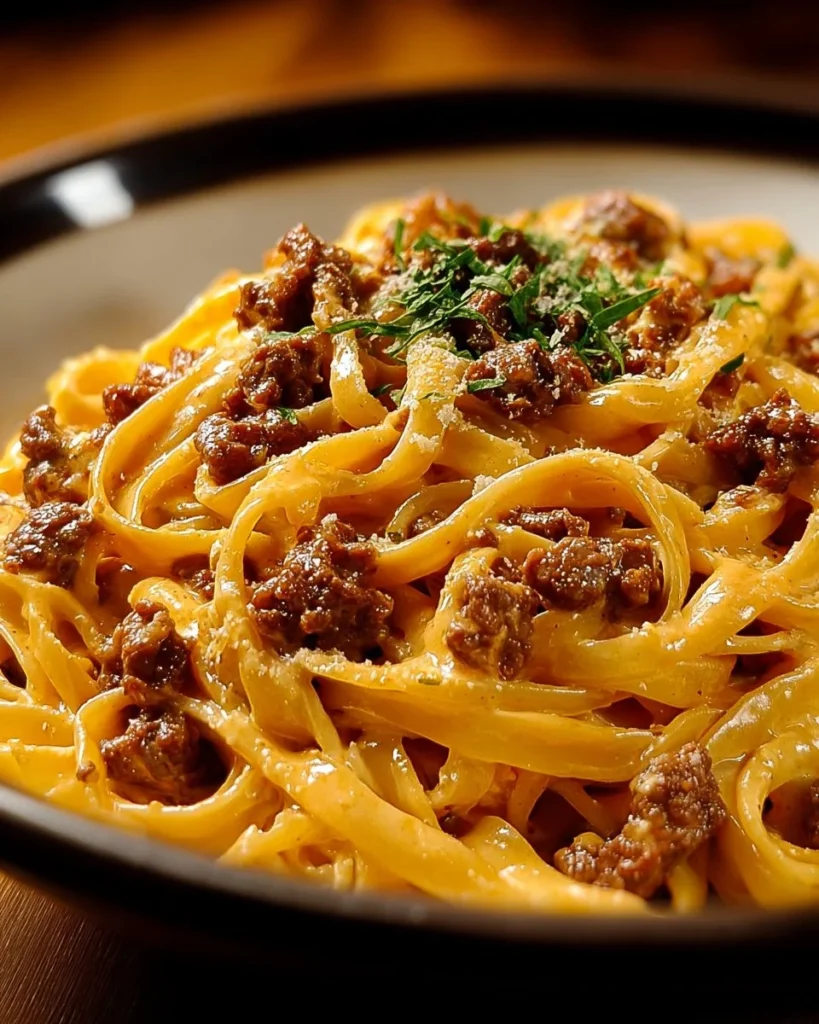 Delicious one-pot creamy beef and garlic butter pasta in a bowl