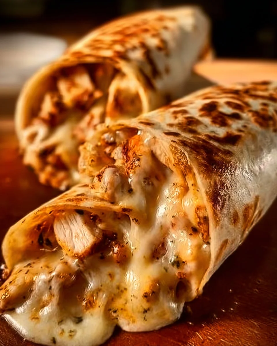 Delicious ooey-gooey cheesy garlic chicken wraps served on a plate