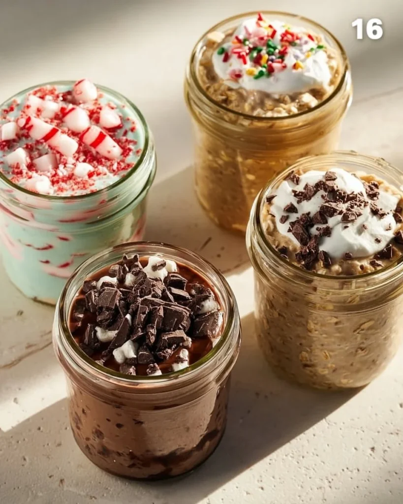 Bowl of creamy overnight oats topped with fresh fruits and nuts