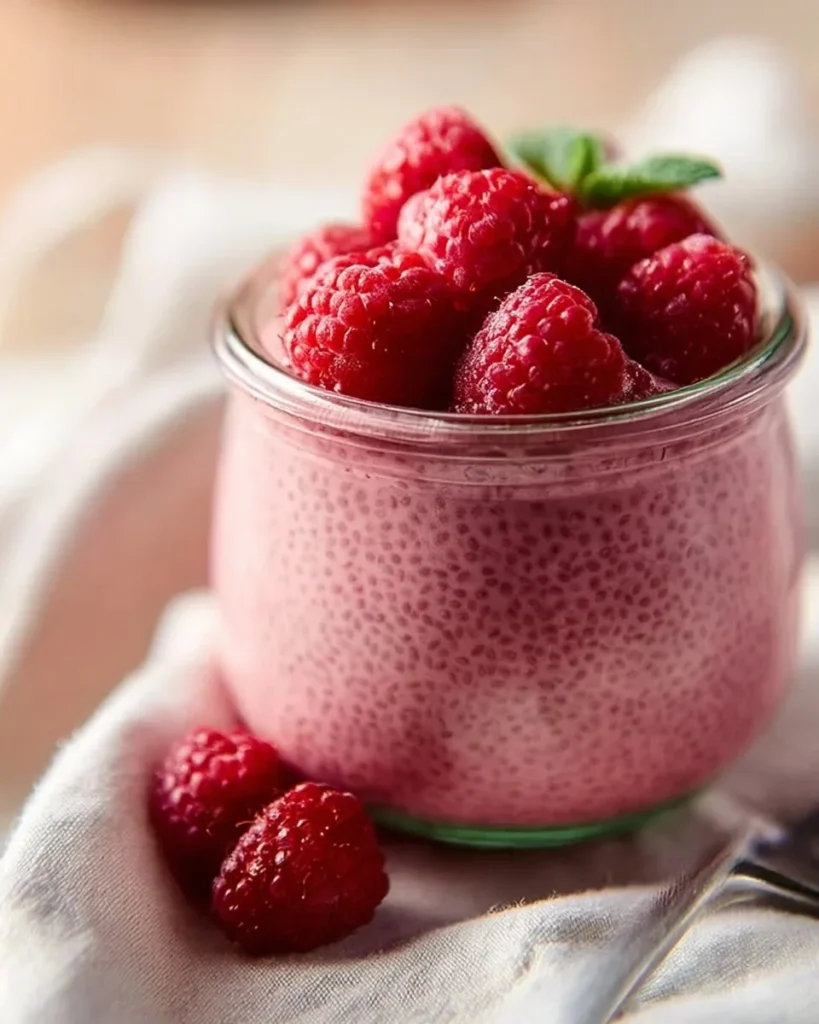 Raspberry chia pudding topped with fresh raspberries and drizzled with maple syrup
