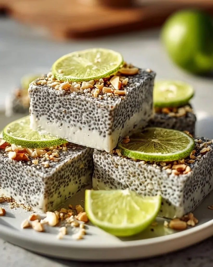 No-bake chia pudding bars with coconut lime flavor on a white plate