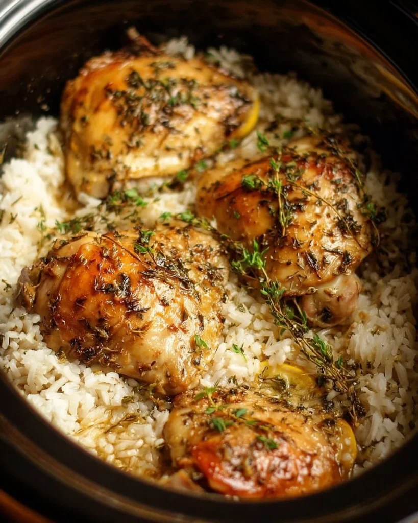 Slow cooker lemon herb chicken garnished with fresh herbs